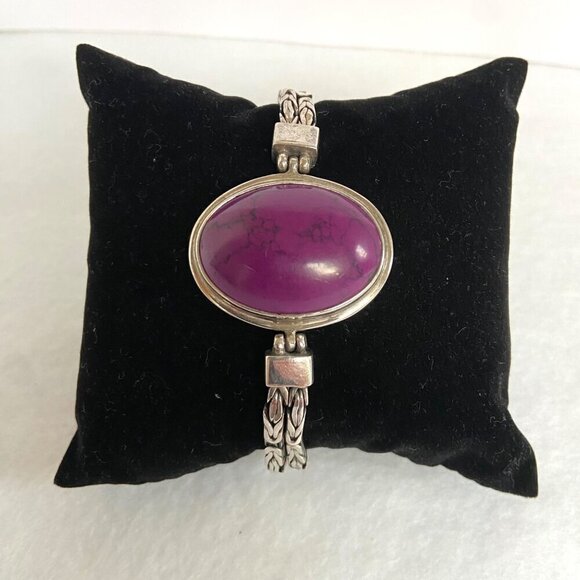 Sterling Silver 925 Purple Stone Dyed Howlite Chunky Byzantine Chain Bracelet - Picture 4 of 16